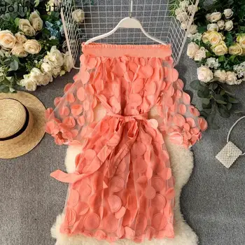 

Joinyouth Women Dress Korean Appliques Flowers Robe Femme Mini Solid Mesh Puff Sleeves Ropa Mujer Slash Neck Spring Clothing 332