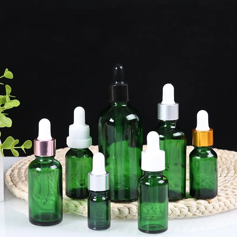 15PCS 5ml 10ml 15ml 20ml 30ml 50ml 100ml 유리 점적기 녹색 유리 아로마테라피 액체 피펫 병 리필 가능 병
