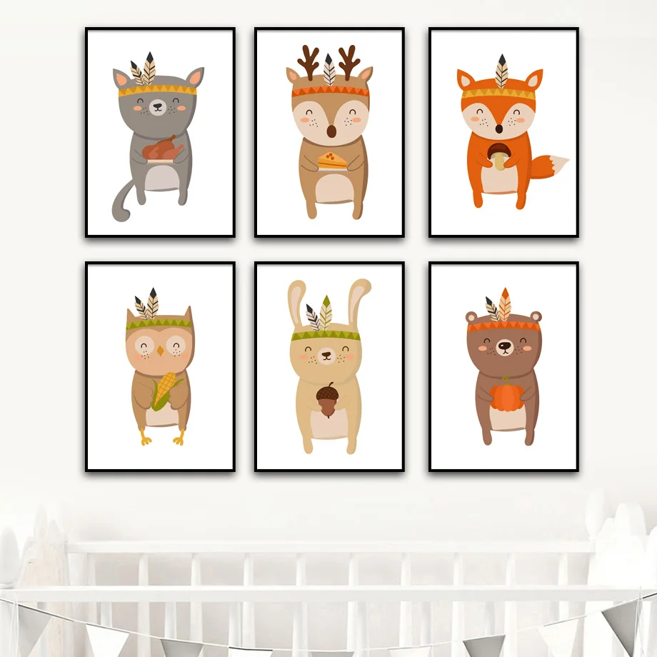 Fox Rabbit Owl Bear Deer Nursery Wall Art Canvas Painting Nordic Posters And Prints Baby Wall Pictures Girl Boy Kids Room Decor