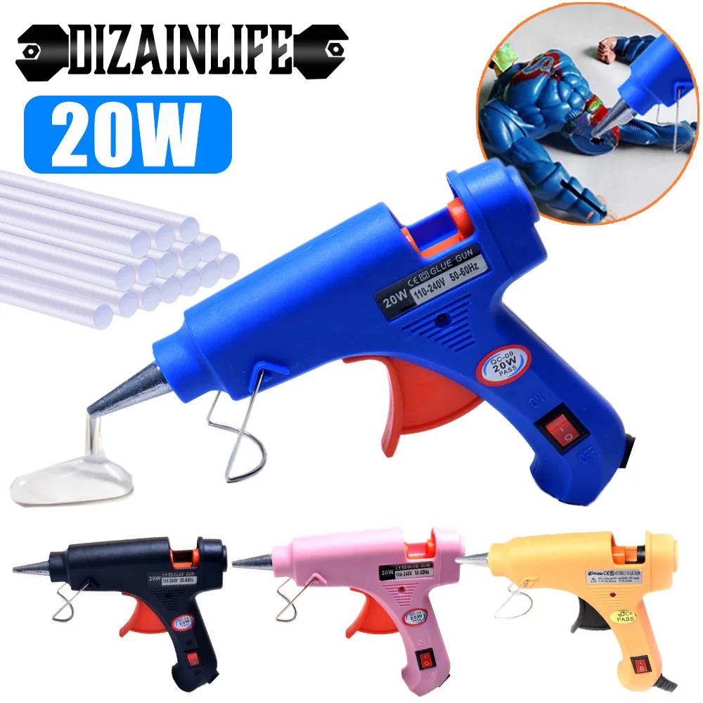 Pistola de pegamento de fusión en caliente Industrial, Mini pistolas con barras de pegamento de 7mm, herramienta de reparación térmica de temperatura de calor, accesorios DIY, 20W, UE