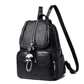 

Backpack Women Soft Pu Leather Black Fashion Tassel Back Pack Female 2020 Trend Women's Bags