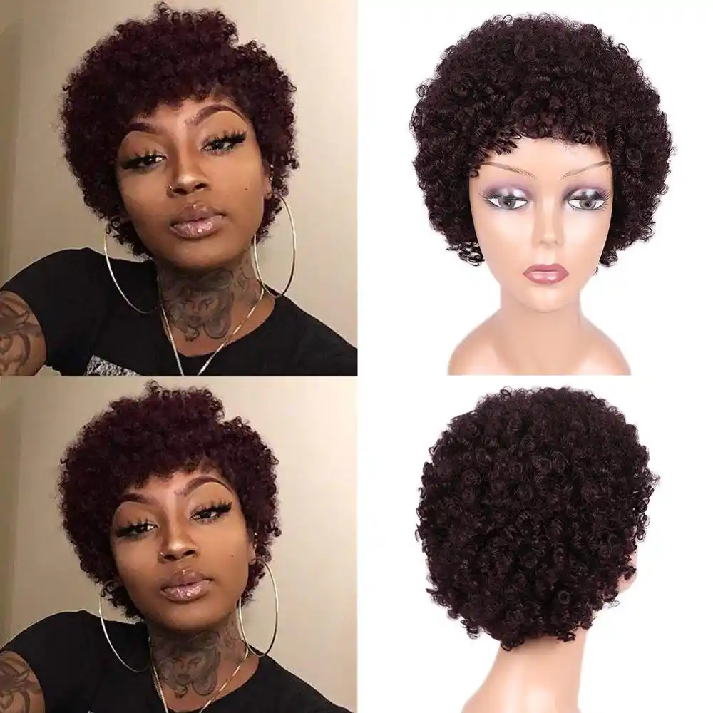 Wignee Afro Rizado Pelucas De Cabello Humano Corto Con Flequillo Gratis Para Mujeres Negras Pelo Brasileno Natural Corto Pixi Corte Humano Pelucas Aliexpress