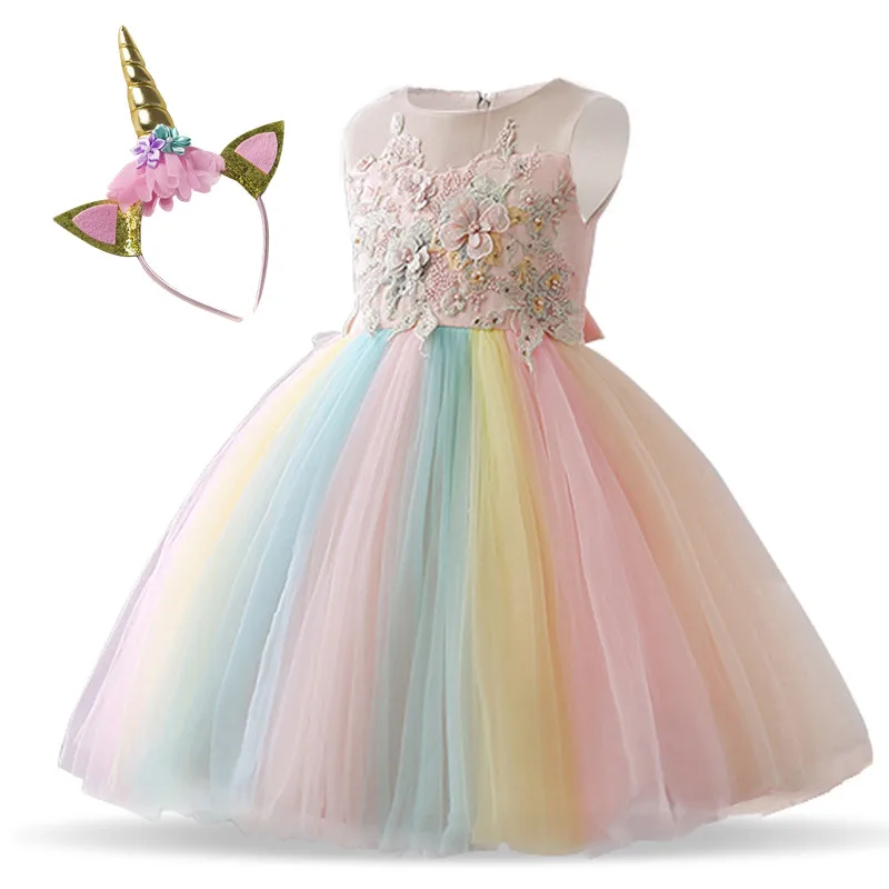 Нарядное праздничное платье с единорогом для девочек Детские платья для девочек от 4 до 10 лет, свадебное платье, вечернее платье Детская одежда для девочек - Цвет: Dress Headwear