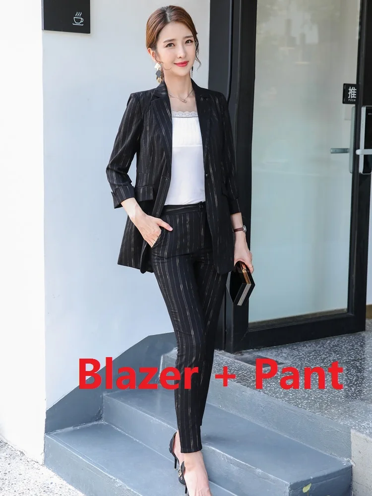 Blazer and Pant Set Модный повседневный женский пиджак и куртки в белую полоску с длинными рукавами для офиса, Женская рабочая одежда, одежда OL Styles - Цвет: Blazer and Pant Set
