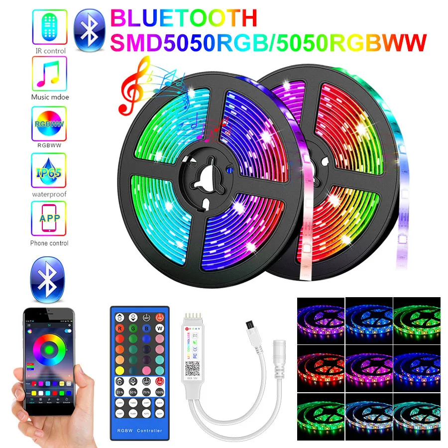 30M 25M RGBWW Led Strip Light Воданепранікальны 5050 10M 15M LED 5M 20M Phone App Remote Гнуткая лямпа Стужка Адаптар пастаяннага