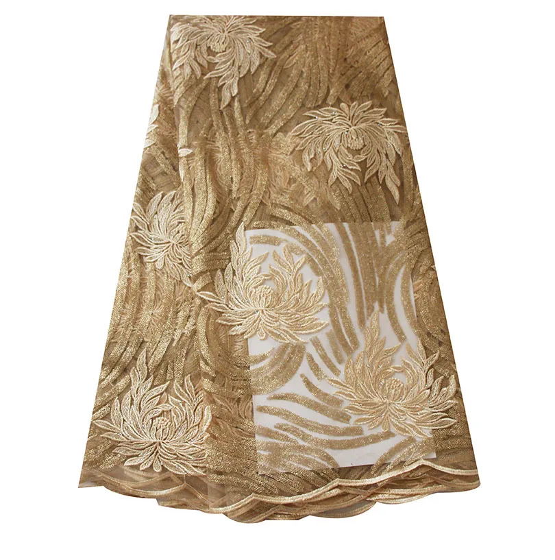 

African French Lace Fabric 5 Yards Nigerian Eco-Friendly Embroidery Gold Lace Fabric with Rhinestones for Party Dress Formal