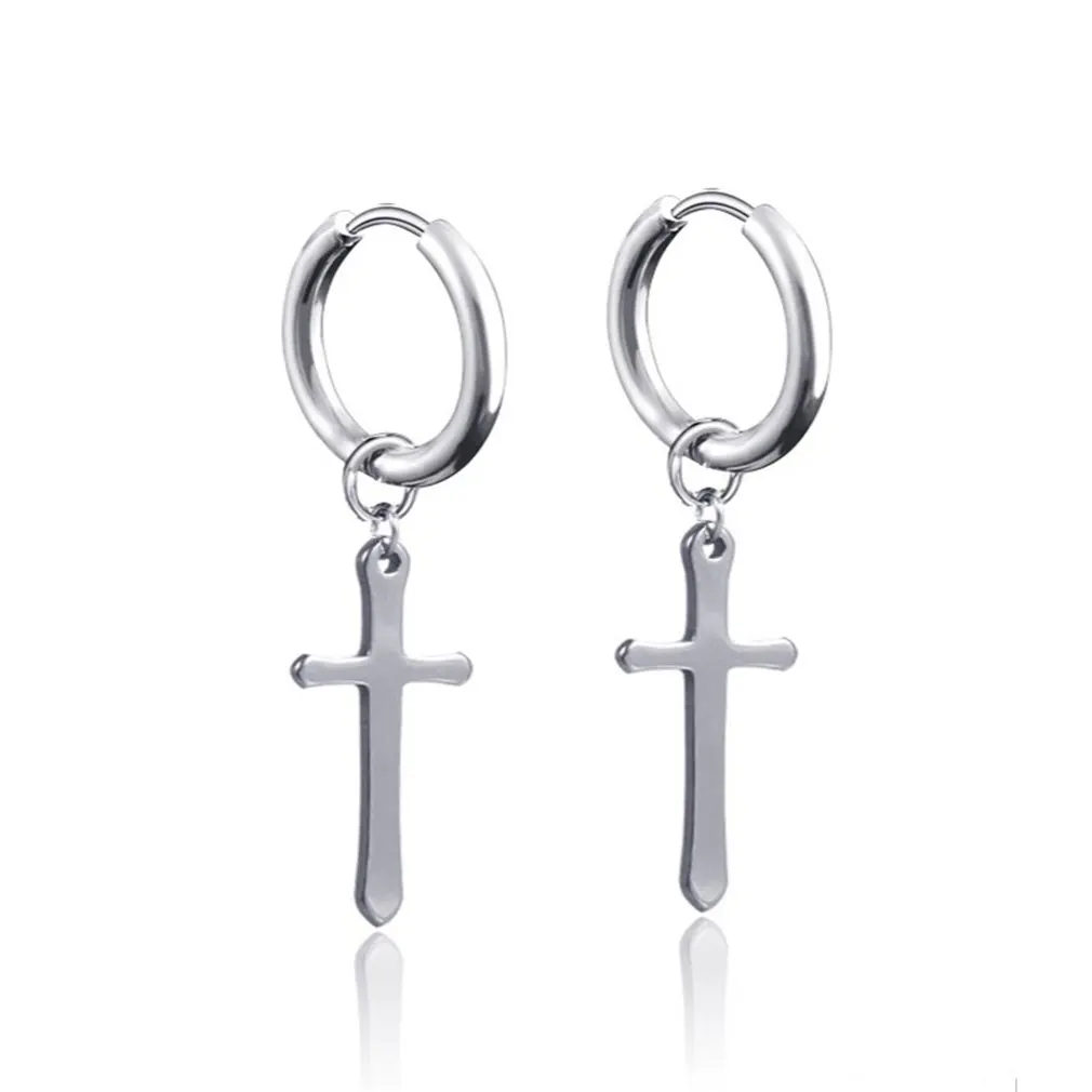 ear hook silver Уникальные серьги-кольца из титановой стали, висячие серьги с крестиком и подвеской в виде креста - Окраска металла: ear hook silver