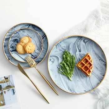 

Creative Marbled Ceramic Plates Fruit Tray Cake Dishs Steak Plate Dinnerware Breakfast Plate Round Dish tableware Home Kitchen