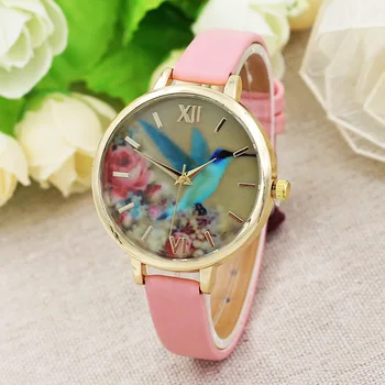 

2020 female Round Retro Dial Fashion Blue Hummingbird Women Leather Band Analog Quartz Movement Wrist Watches Clocks