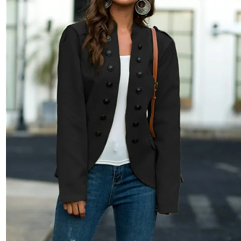

2021 Spring Button Decoration Collarless Jacket Urban Beauty Self-cultivation Soild Fashion Jacket Office All-match Clothing XL