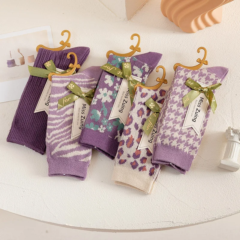 1 Pair Women Socks Zebra Leopard Houndstooth Flower Kawaii Cute Harajuku Female Cotton Sock Hosiery Streetwear Casual Knit Socks