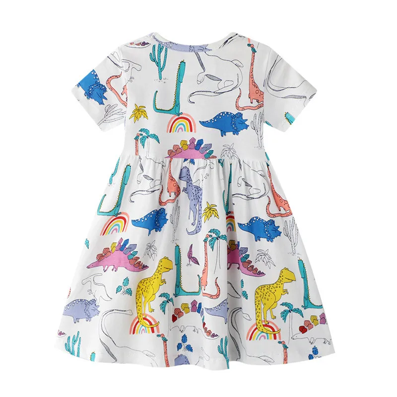 Jumping Meters Dinosaurs Girls Dresses Summer Cartoon Casual Children's Clothes Short Sleeve Kids Princess Dress Frocks