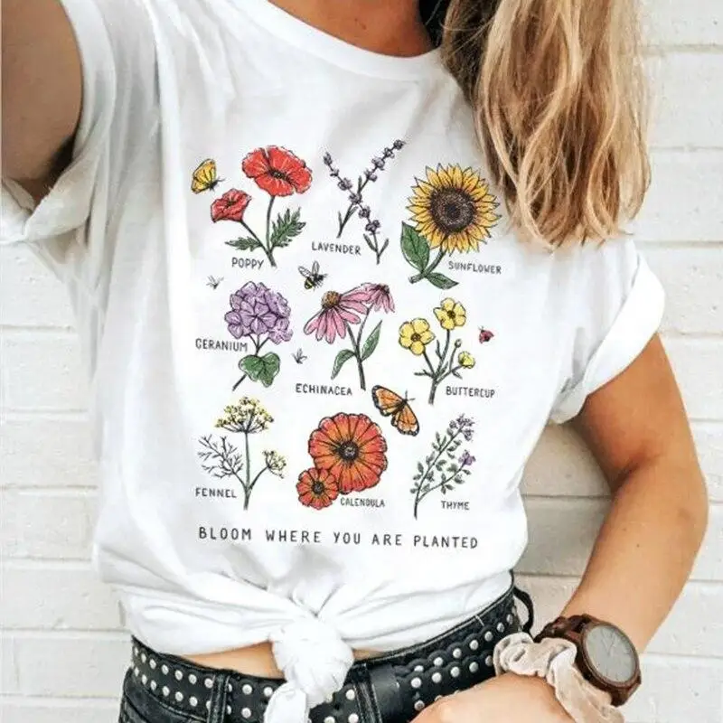 GAAJ женская футболка Харадзюку Блум, где вы посажены цветок летние винтажные уличные футболки с принтом Графический Топ рубашки для женщин