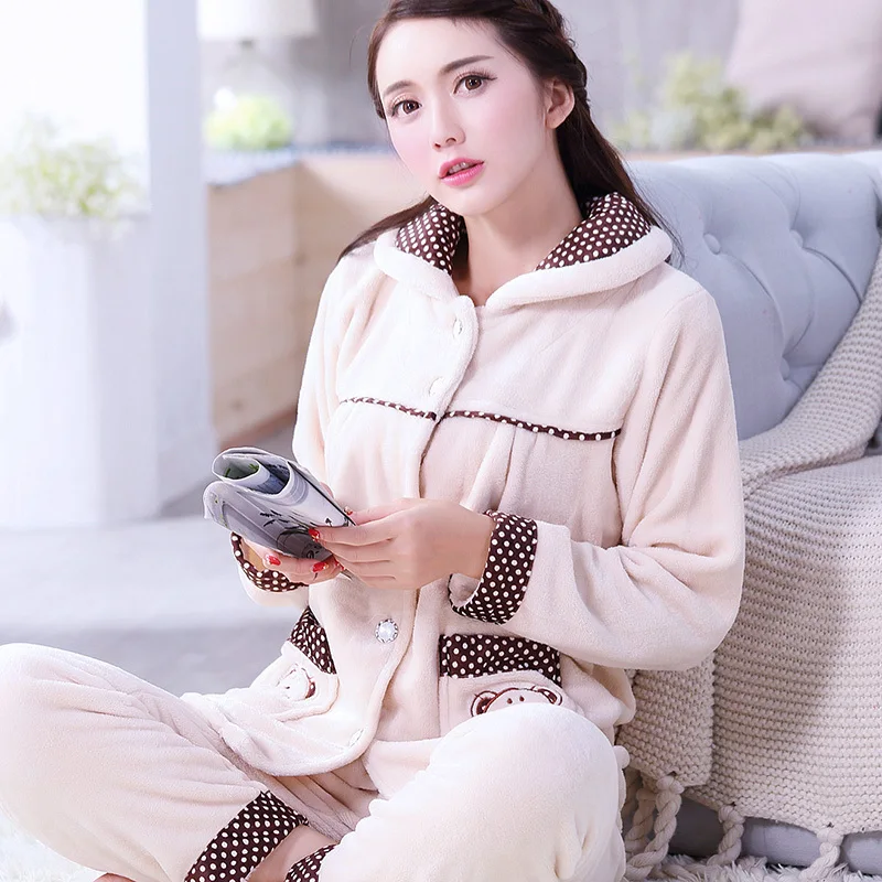 women pajama Beige Пижама женская Xxl Коралловая флисовая Пижама женская зимняя с длинным рукавом зимняя Пижама женская Фланелевая Пижама женская теплая Печать M L XL Xxl - Цвет: women pajama Beige