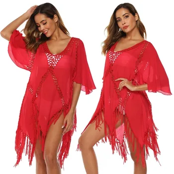 

Swimsuit Cover Ups Women Summer Flare Sleeve Sexy V Neck Hollow Out Bikini Cover Up Tassel Beach Dress White Swimsuit Cover Up