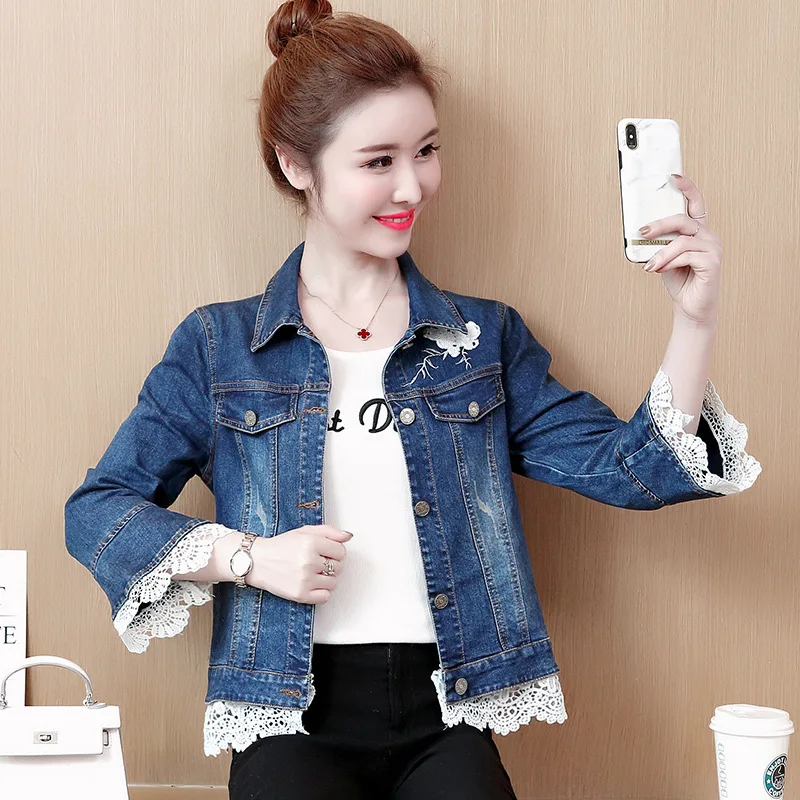 

Fashion Spring And Autumn Korean-style Slim Fit Versatile Fold-down Collar Embroidery Jeans Coat