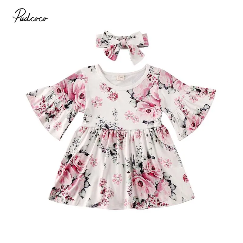 2020 Baby Spring Autumn Clothing Flower Toddler Kids Girls Flare Sleeve Dress Princess Party Pageant Clothes 1-6Y | Детская одежда и
