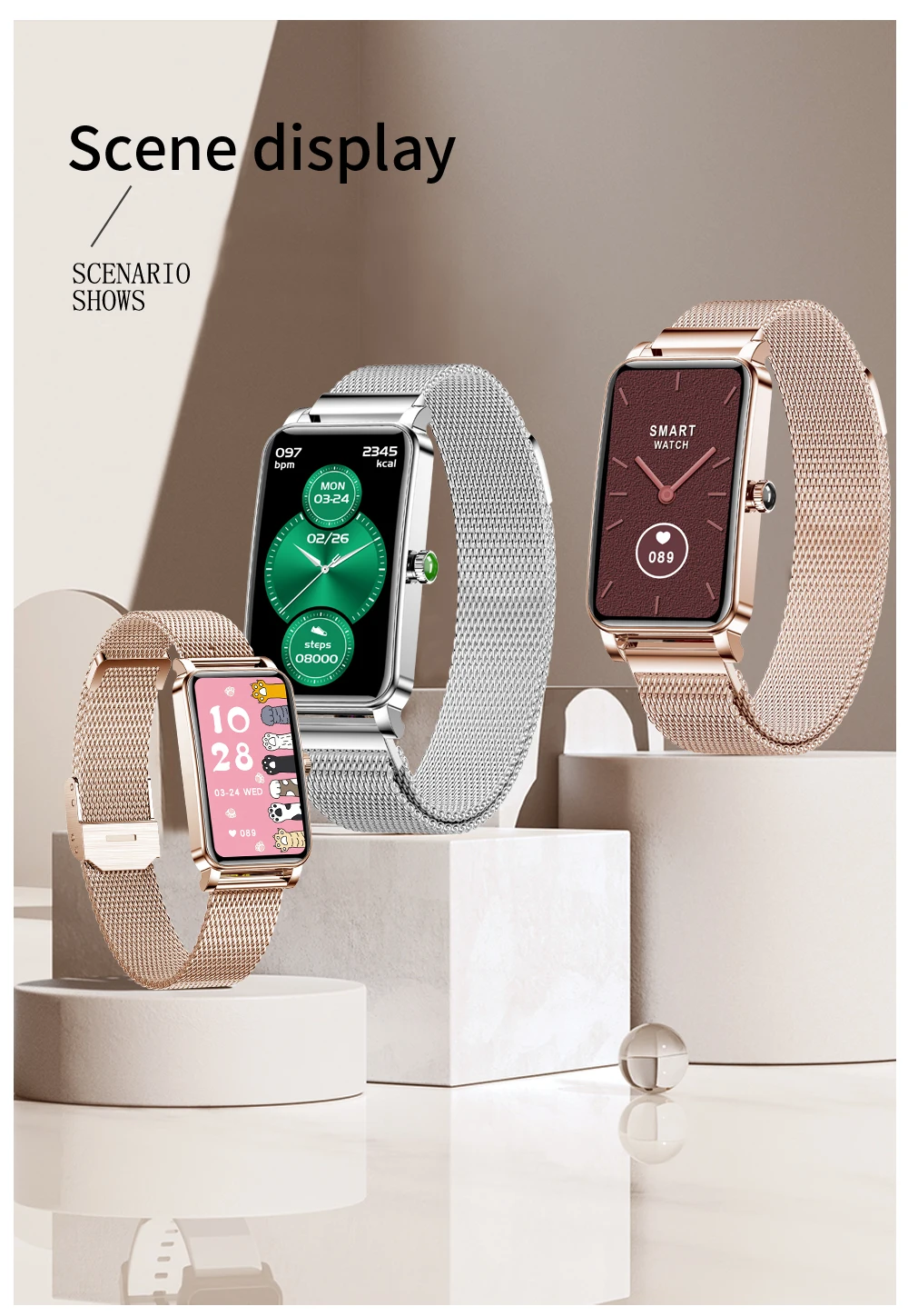 ZX19 Smart Watch Women Girl Fashion Smartwatch Heart Rate Bood Pressure Sports Fitness Wristband Customizable Dial Bracelet