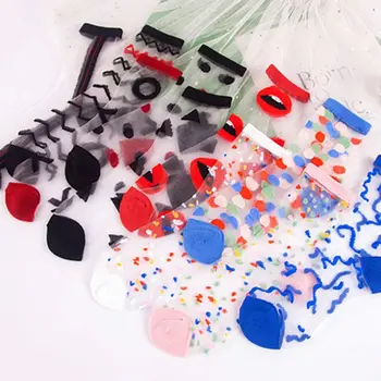 

Korean Women Summer Transparent Crew Socks Glass Fiber Mesh Colorful Polka Dot Stripes Ultra-Thin Mid Tube Hosiery