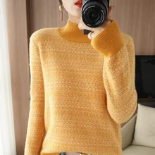 

21 Autumn Winter Half High Neck Cashmere Sweater Series Female Korean Version Loose Fashion Clip Knit Pullover Pure Wool Sweater