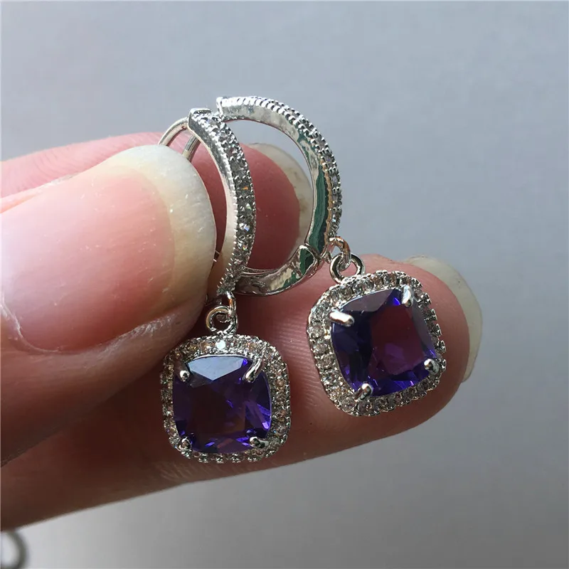 Purple Роскошный женский кристалл камень циркония чорный серьги синий зеленый квадрат висячие серьги винтажные серебряные свадебные серьги для женщин - Окраска металла: Purple