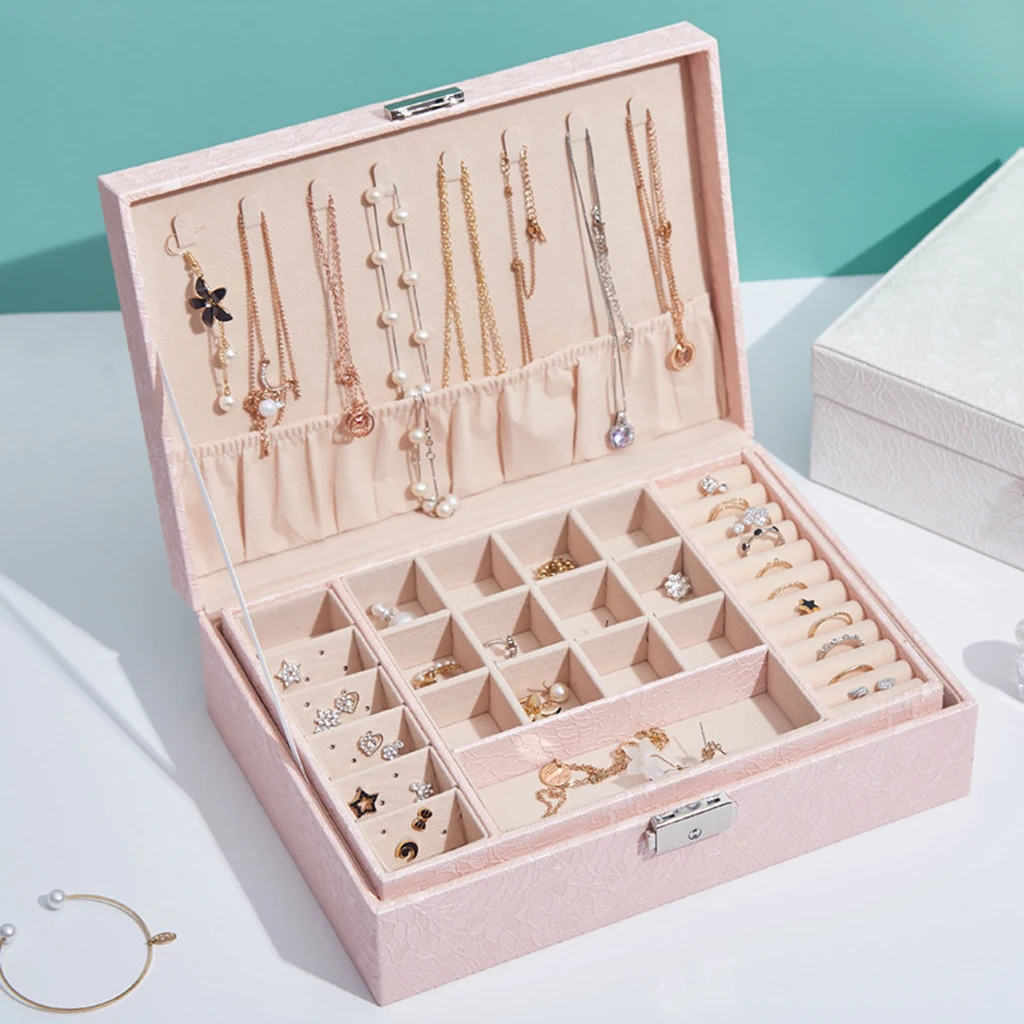 Jewelry Box for Necklace Watch Cosmetics Lipstick Storage Case Two Layer PU Leather Solid Color - White/Pink