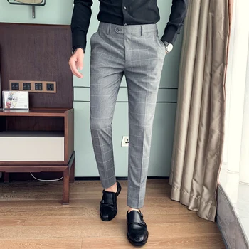

36-29 British Style Mens Dress Pants Korean Slim Fit Plaid Formal Pants Men All Match Casual Business Trousers Men