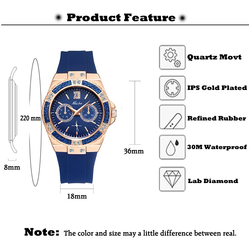 MISSFOX Women Watches rose gold Unique Chronograph Luxury Brand Dress Rubber strap Watch female Classic Watch Hot For Valentine
