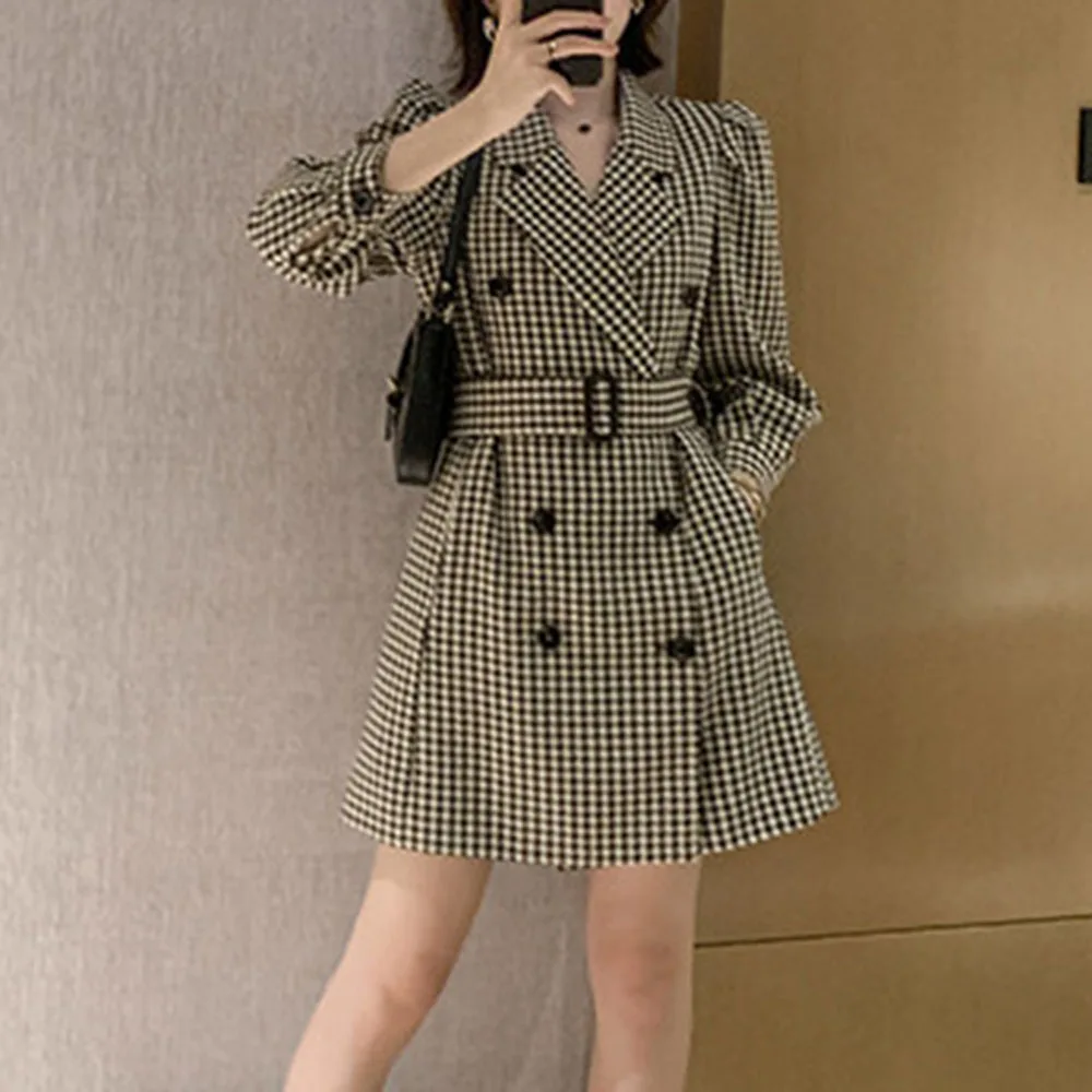 

Plaid Casual Blazer Women 2020 Autumn With Belt Button Office Lady Fashion Streetwear Vintage Blazer Overcoat Outwear