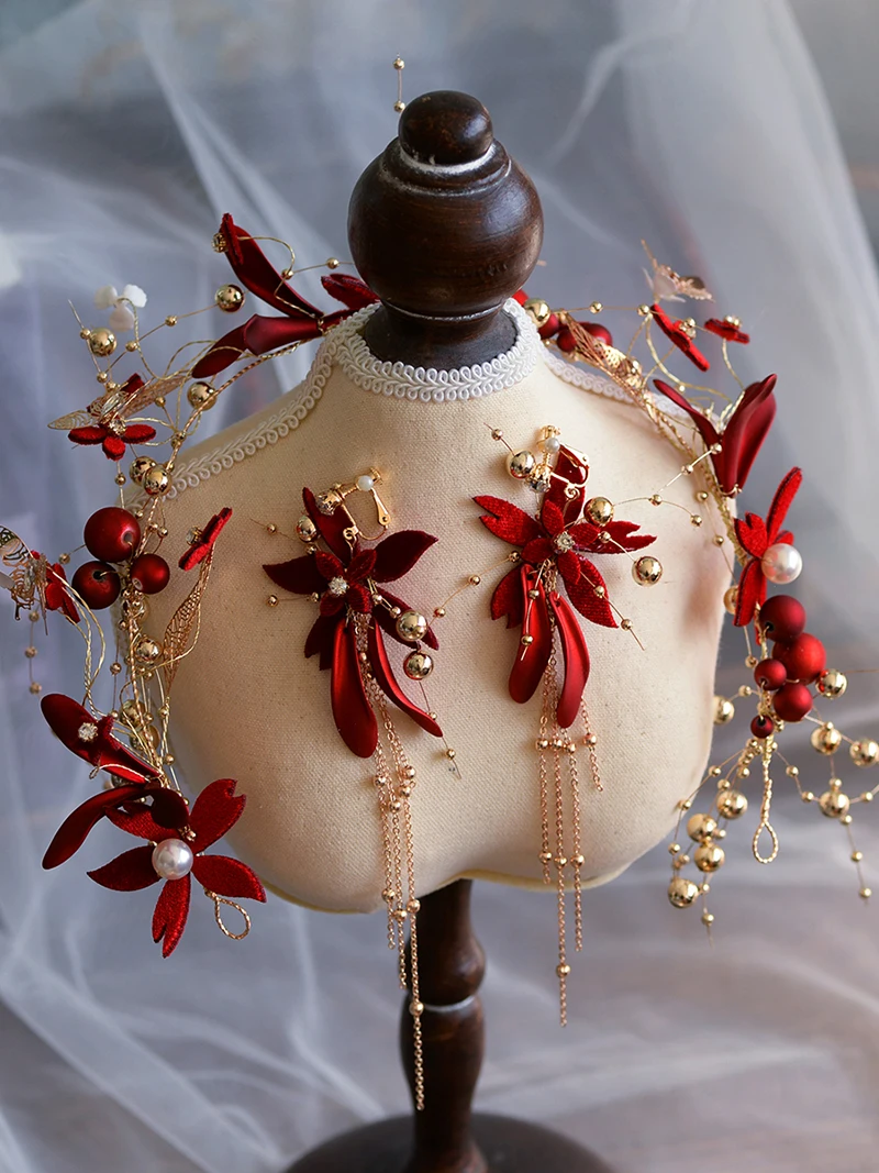 NiuShuya Handmade Bridal Red Flower Pearl Headband Romaantic Hairband Women Crown Tiara Wedding Hair Accessories