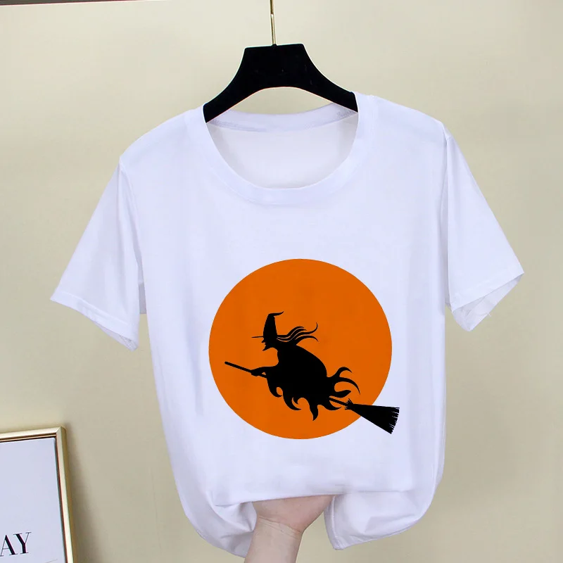 

Women Harajuku T-shirt White Thin Section Korean Tshirt Female Tops Clothing Witch Riding A Broom Printed Short Sleeve T Shirt