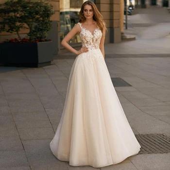 

Eightree A Line Wedding Dress Flowers Appliques Bride Dress Bohemian Vestido Sleeveless Backless Wedding Gowns Robe De Mariee