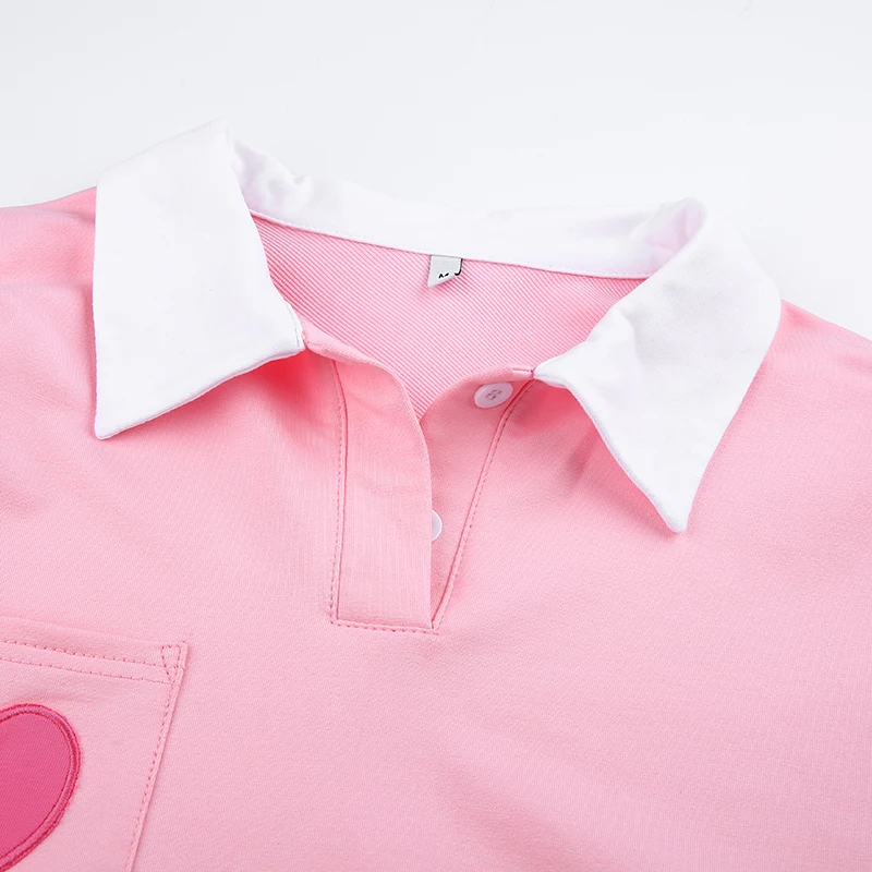 Rapcopter/Милая женская Повседневная футболка с принтом розового цвета с длинными рукавами и отложным воротником; осенние свободные укороченные футболки в Корейском стиле; свободные безрукавки