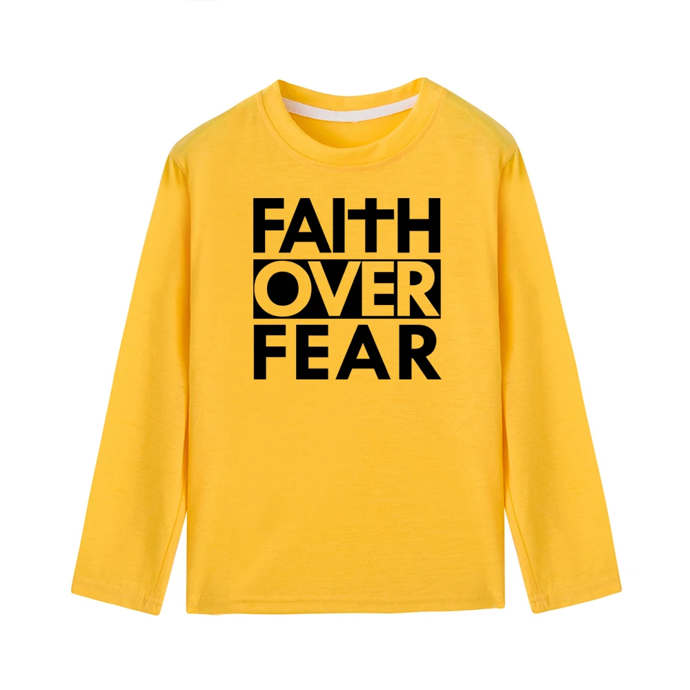 Faith Over Fear Одежда для детей с длинными рукавами Забавная детская одежда для маленьких мальчиков и девочек, футболка, Топы, модная одежда для малышей с буквенным принтом, изображением из мультфильма, футболки для детей, одежда