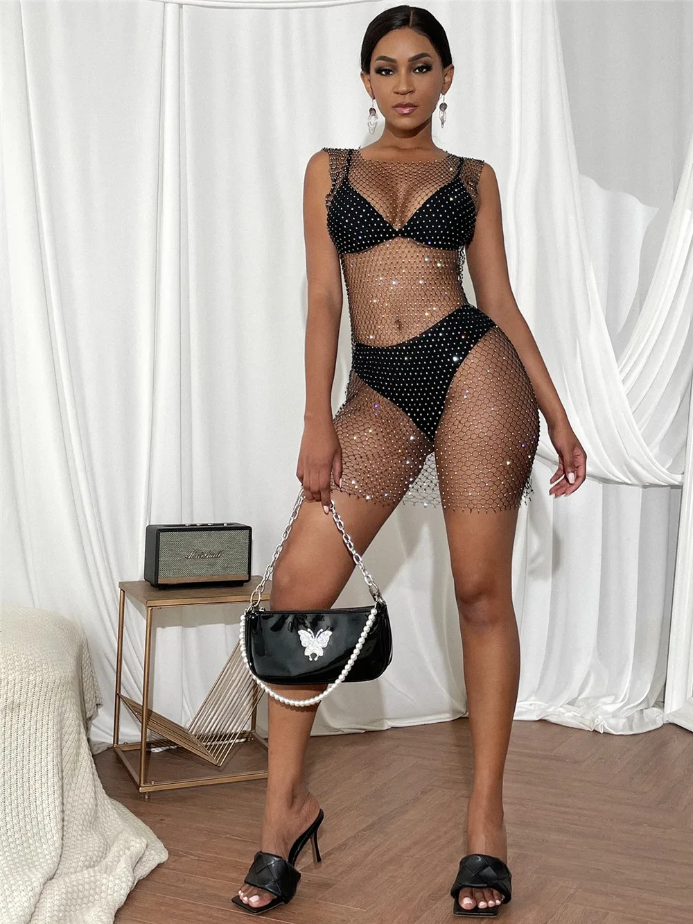 Hollow Out Crystal Diamond Beach Dress Women Sexy See-through Cover Up Round Collar Sleeveless One-piece