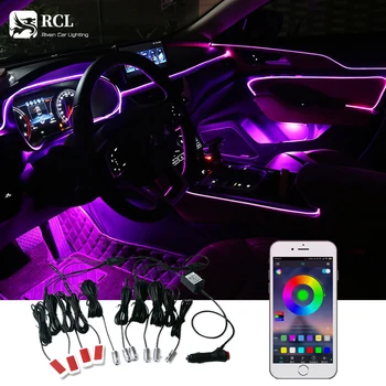

Interior Car LED Lights,5LED 8M Car Interior Atmosphere Strip Light RGB APP Six Modes Fiber Optic Neon with Cigarette Lighter