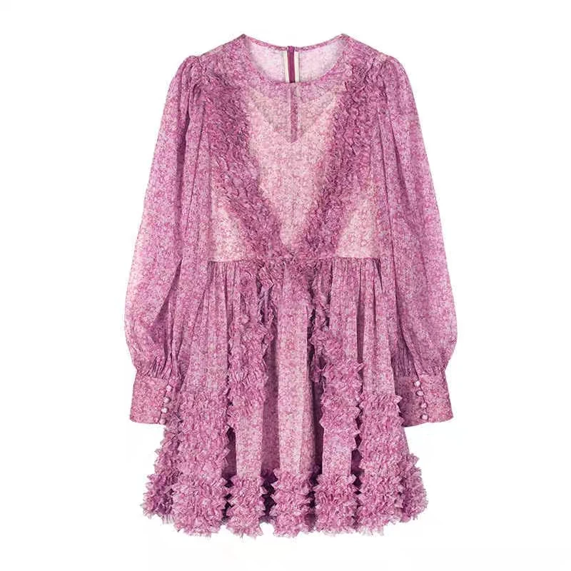 Purple Фиолетовое платье с цветочным рисунком, Осеннее женское шифоновое мини-платье с длинным рукавом в Корейском стиле, элегантные вечерние платья для подиума - Цвет: Purple