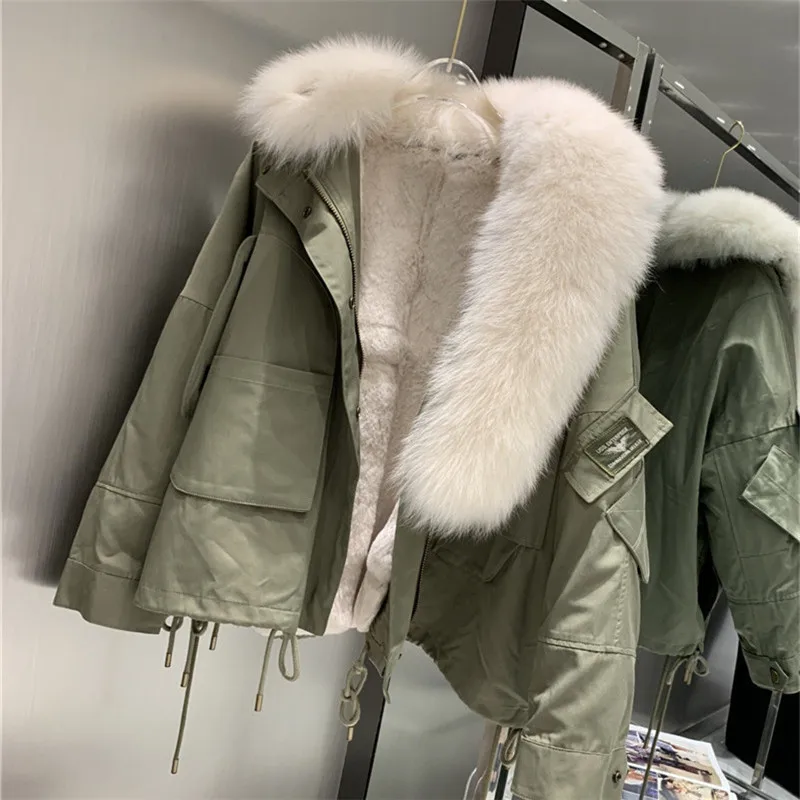 

Real Natural Rex Rabbit Fur Lined women Winter Jacket with real fox fur collar oversize warm Coat parka army green