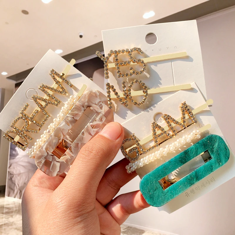 

1Set Letters Rectangular Hairpin For Women Fashion Korea Pearl Hair Clips Girls Geometric Lady Barrette Hair Accessories