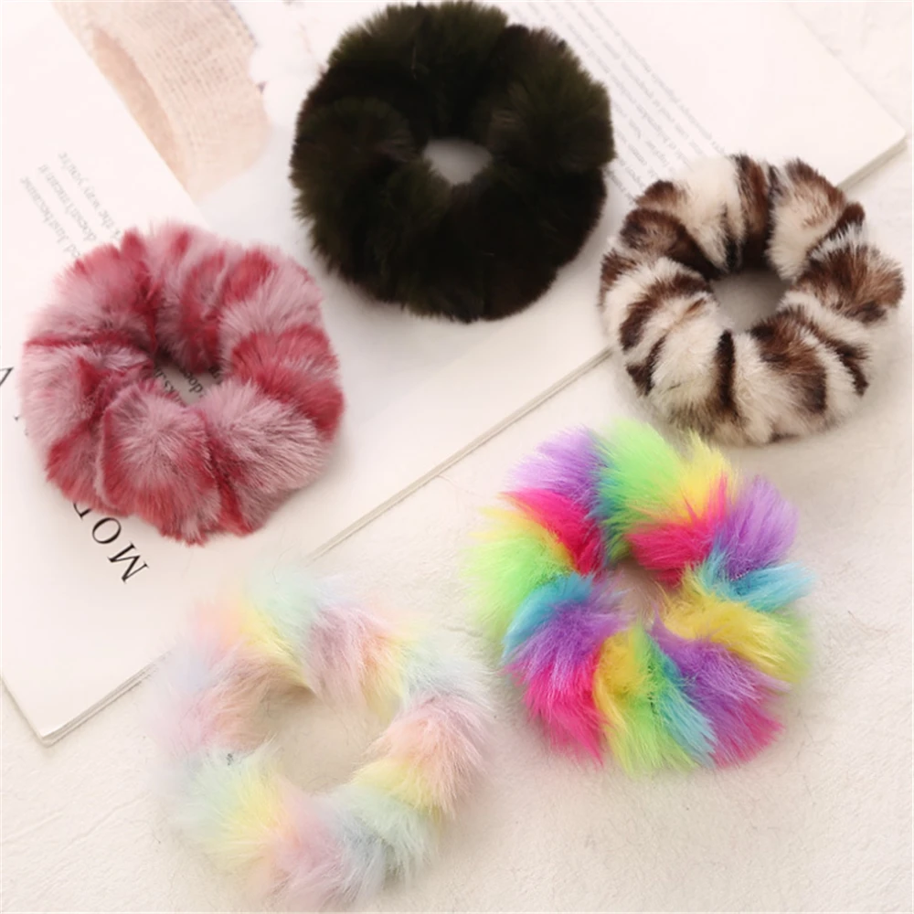 

Fashion Cute Soft Plush Fur Scrunchie For Women Girls Elastic Hair Bands Colorful Leopard Print Ponytail Holder Hair Accessories
