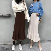 Корейские осенние зимние вязаные свободные юбки, одноцветные длинные трапециевидные юбки с высокой талией, женские юбки в стиле ампир, повседневные плиссированные юбки