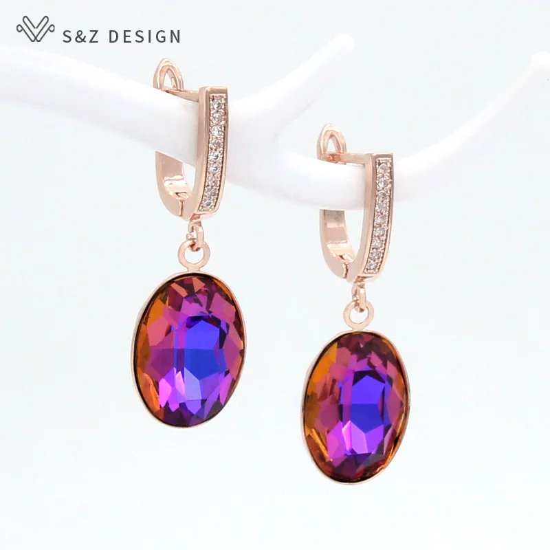 S&Z DESIGN New Fashion Egg Shape Oval Crystal Dangle Earrings For Women Wedding Classic 585 Rose Gold Color Jewelry