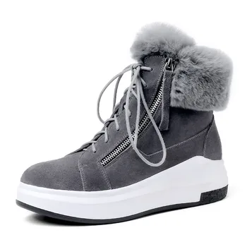

2020 Women Snow Boots Cow suede Natural Rabbit Fur Winter Cross strap Warm Ankle Boots For Women Wedge boots