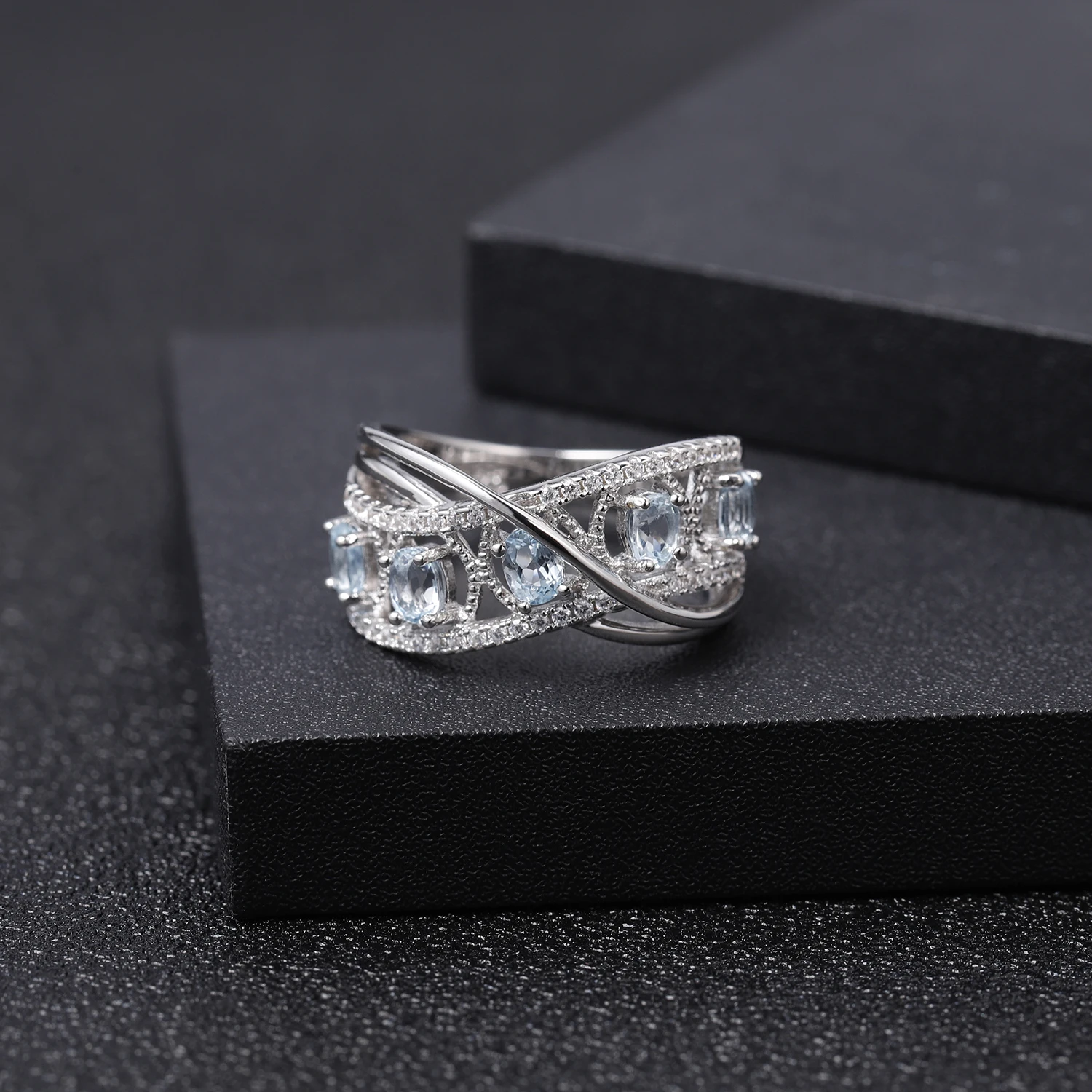 GEM'S балетное 925 пробы, серебряное кольцо с разрезом, кольцо на палец с натуральным небесно-голубым топазом, кольца с драгоценным камнем для женщин, хорошее ювелирное изделие