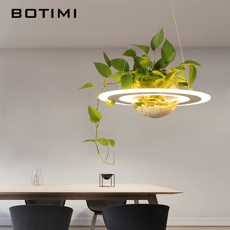 

BOTIMI Modern LED Pendant Lights With Glass Flower Pot Round Acrylic Lampshade For Dining Coffee Shop Bar Lamp Without Plants