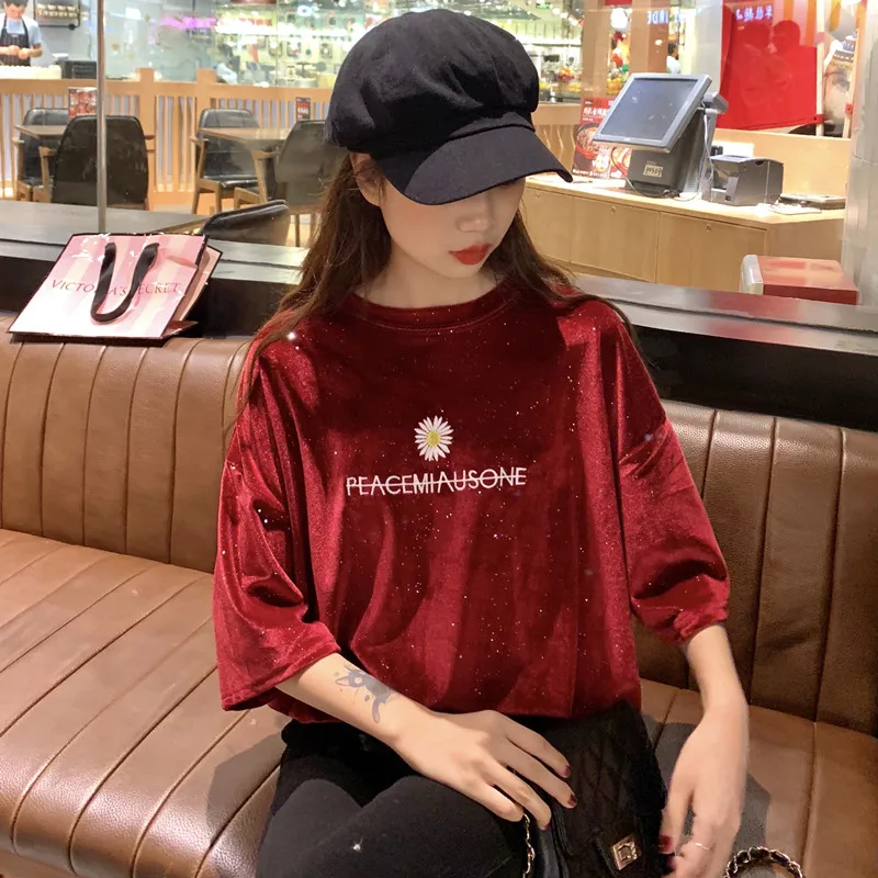 Letter Print T-shirts For Women Summer Loose Half Sleeve Tee Girl O-neck Casual Wine red T Shirt Aesthetic Tops Female Tshirt