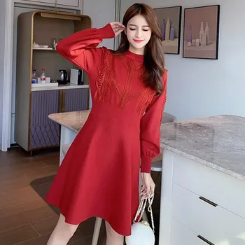 

Elegant Half High Collar Knitted Sweater Dresses Women High Elasticit Lace Lantern Sleeve Autumn Winter A-line Party DressCY-060