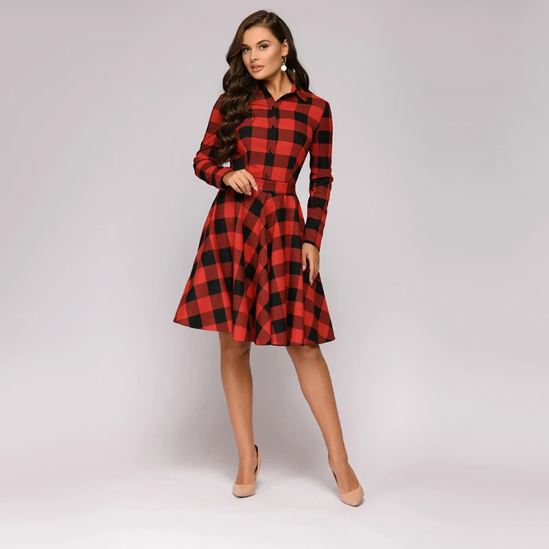 Goede Vrouwen Vintage Plaid Gedrukt Sjerpen A lijn Party Dress Lange Mouwen Turn Down Kraag Elegante Jurk 2019 Herfst Winter Nieuwe Jurk