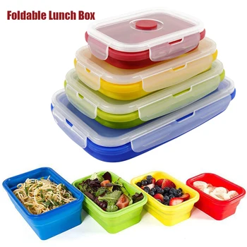 

4pcs Sealing Dishwasher Safe Portable With Lid Food Container Leftover Silicone Collapsible Meal Case Foldable Lunch Box Office