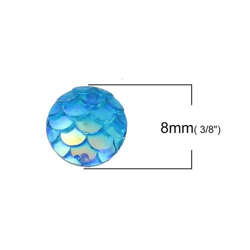 50PCs 8mm/12mm Resin Round Mermaid Fish Dragon Scale Dome Seals Cabochon Royal Blue AB Color For DIY Earring Jewelry Making 8mm Dia
